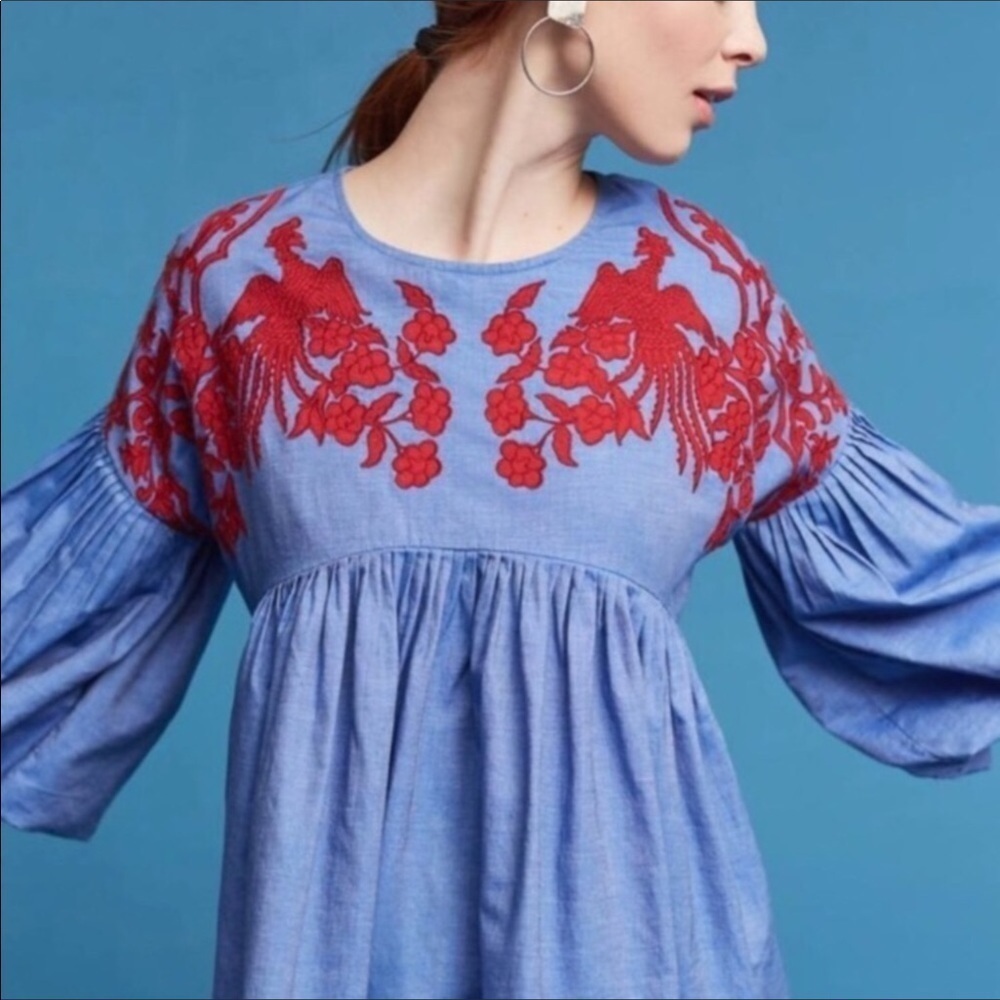 Anthropologie Liana Shirt Blue Red Size Small Balloon Sleeve Boho Embroidered - Picture 11 of 11